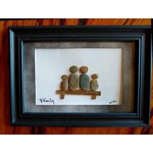 "Family" of 4 on Bench Pebble Art by Mimi 5" x 7" Framed Wall Home Decor Gift